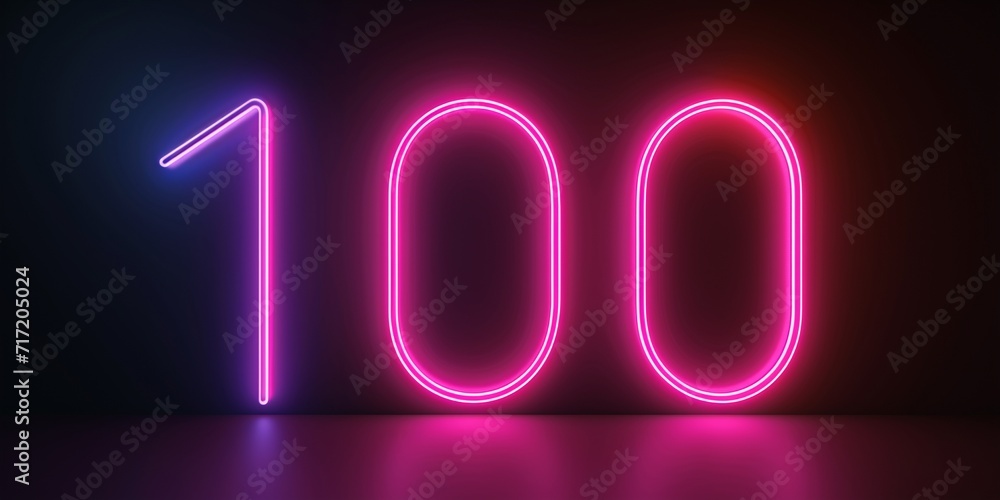 Linear neon light number 100 glowing in the dark, pink neon light one hundred sign on dark with copy space. Linear neon light number 100 glowing in the dark, pink neon light one hundred sign on dark with copy space.