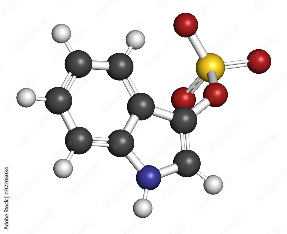 Indoxyl sulfate molecule. Metabolite of tryptophan. 3D rendering. Indoxyl sulfate molecule. Metabolite of tryptophan. 3D rendering.