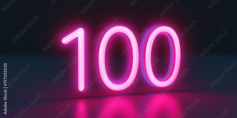 Linear neon light number 100 glowing in the dark, pink neon light one hundred sign on dark with copy space.