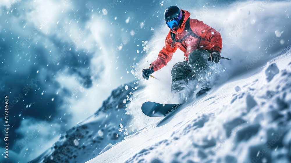 Skier in red jacket moves at mountain slope, man skiing downhill with splash of snow in winter. Concept of sport, powder, extreme, speed, spray, resort.