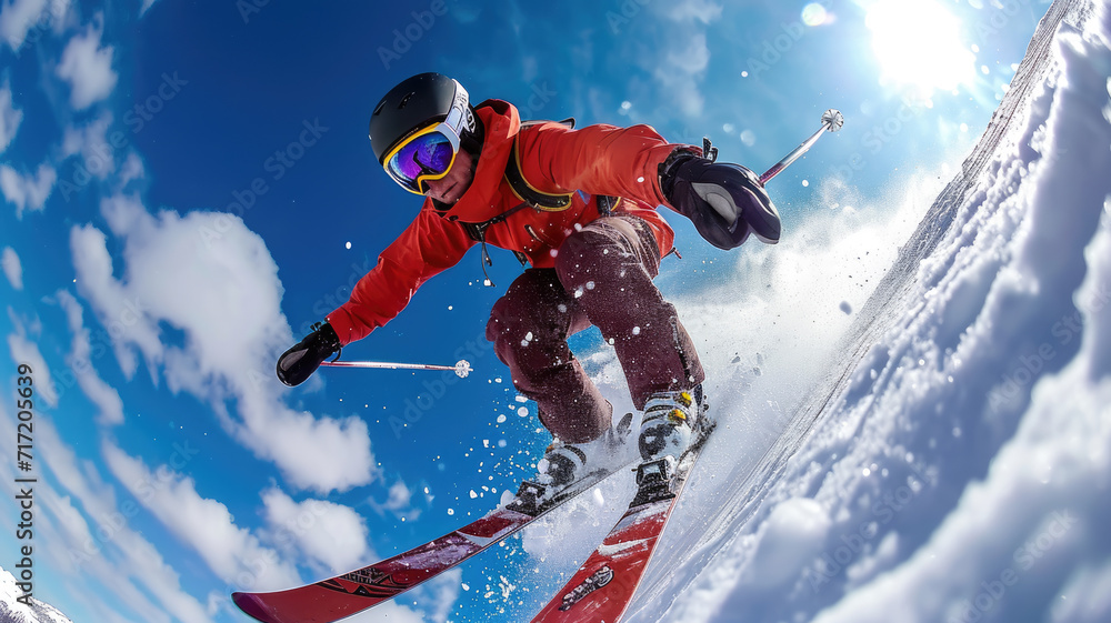 Skier in red jacket moves at mountain slope on sky background, man skiing downhill with splash of snow in winter. Concept of sport, powder, extreme, speed, spray, jumping