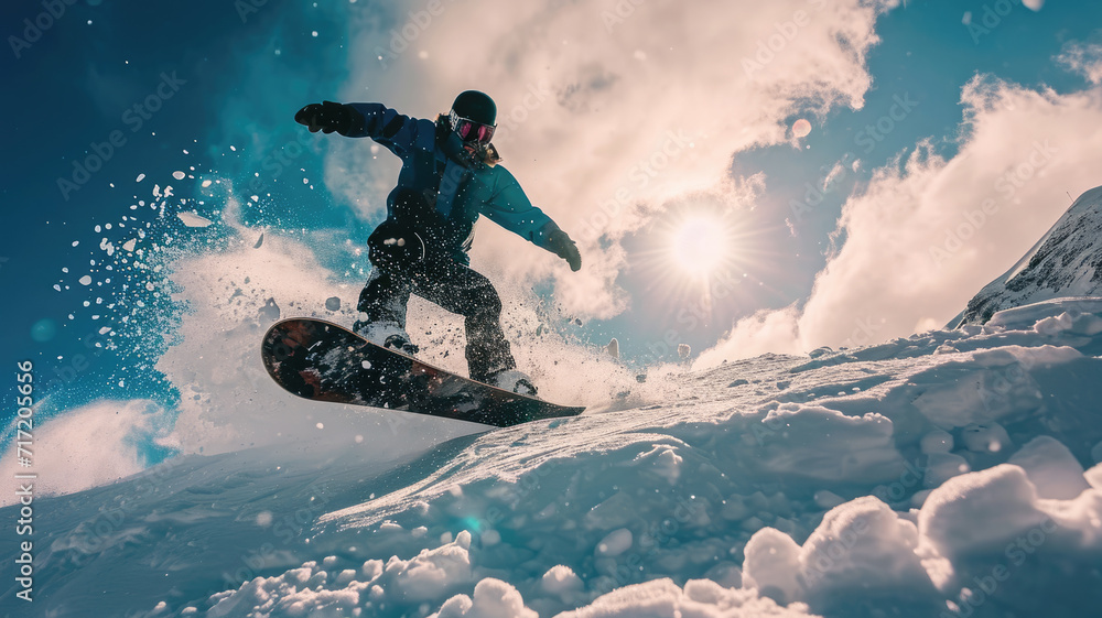 Snowboarder jumping at ski slope against sun, man rides snowboard with splash of snow in winter. Concept of sport, powder, extreme, speed
