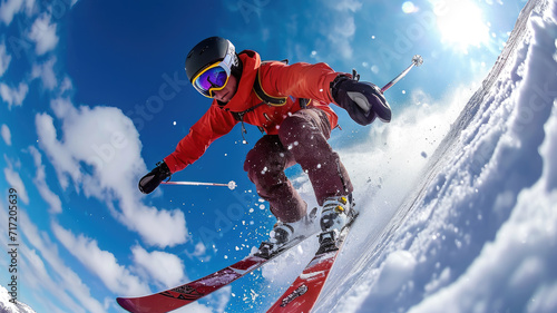 Skier in red jacket moves at mountain slope on sky background, man skiing downhill with splash of snow in winter. Concept of sport, powder, extreme, speed, spray, jumping