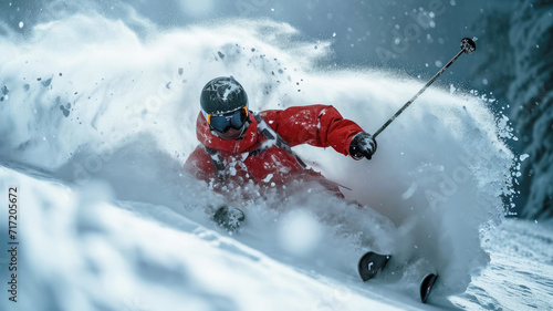 Skier in red jacket moves at mountain slope in winter, man in mask skiing downhill with splash of snow. Concept of sport, powder, extreme, speed, spray, resort
