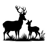Deer watching over its fawn as it explores its surroundings Vector Logo Art