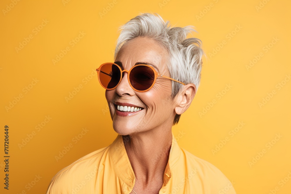 Cheerful mature woman in sunglasses looking at camera over yellow background Cheerful mature woman in sunglasses looking at camera over yellow background