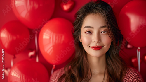 Beautiful asian girl with red air balloons over red background. Happy Valentines day. Joyful model smiling.