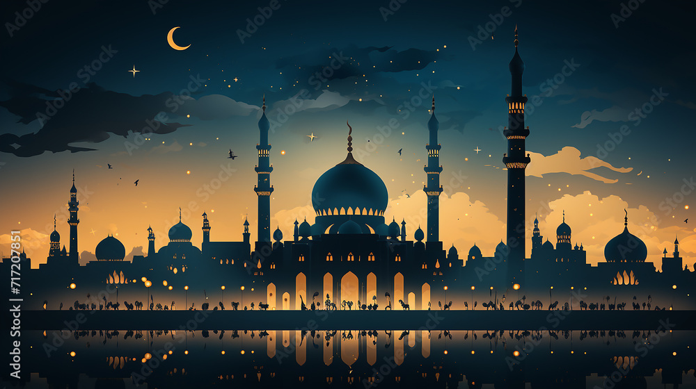 Naklejka premium Free_vector_Arabic_background_with_mosque_silhouette