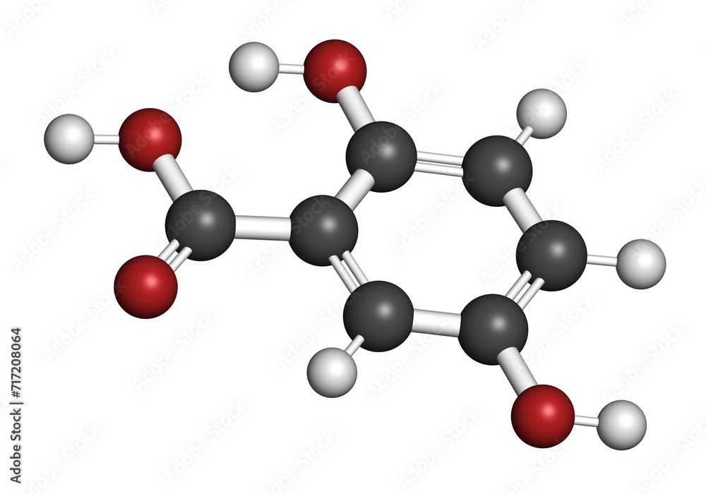 Gentisic acid molecule. 3D rendering.
