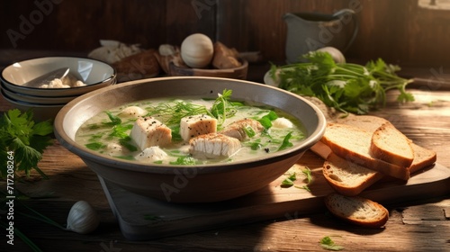 Delicious soup with tofu cheese and fresh herbs with croutons on a wooden table in a beautiful dish. Homemade healthy food in a cozy atmosphere. Vegetarian menu.