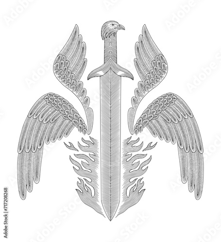 antique sword with wings and fire, vintage engraving drawing style illustration
