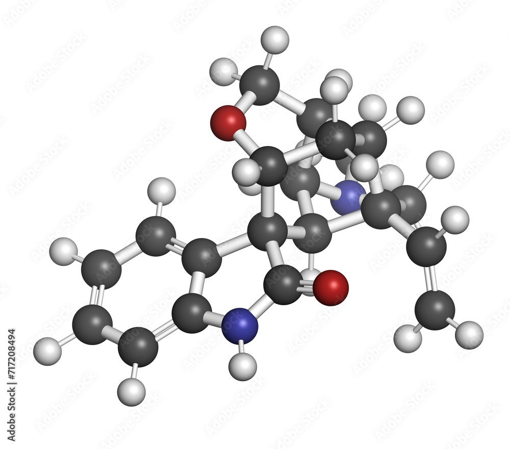 Gelsemine alkaloid molecule. 3D rendering. Gelsemine alkaloid molecule. 3D rendering.