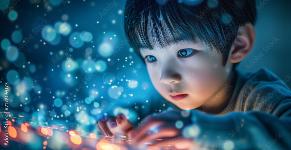 Science technology concept. Education new technology. EdTech. Child uses a futuristic processor for augmented reality. high technology and communication concept. Science technology concept. Education new technology. EdTech. Child uses a futuristic processor for augmented reality. high technology and communication concept.