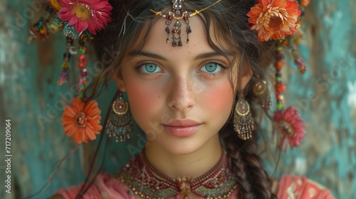 A beautiful girl dressed in Tibetan dress, intricate accessories