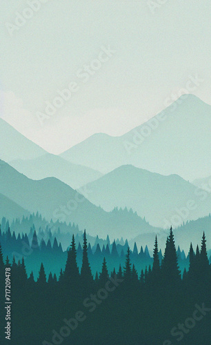 Mountains landscape with forest. Beautiful blue background with empty copy space. Mountain peak with clouds. Minimalist backdrop. Nature  success  travel  holiday concept