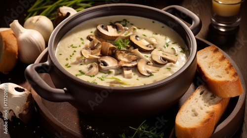 Delicious mushroom cream soup with croutons on a wooden table in a beautiful dish. Homemade healthy food in a cozy atmosphere. Vegetarian menu.