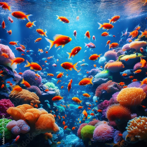 Océano, arrecife, corales y peces de colores 