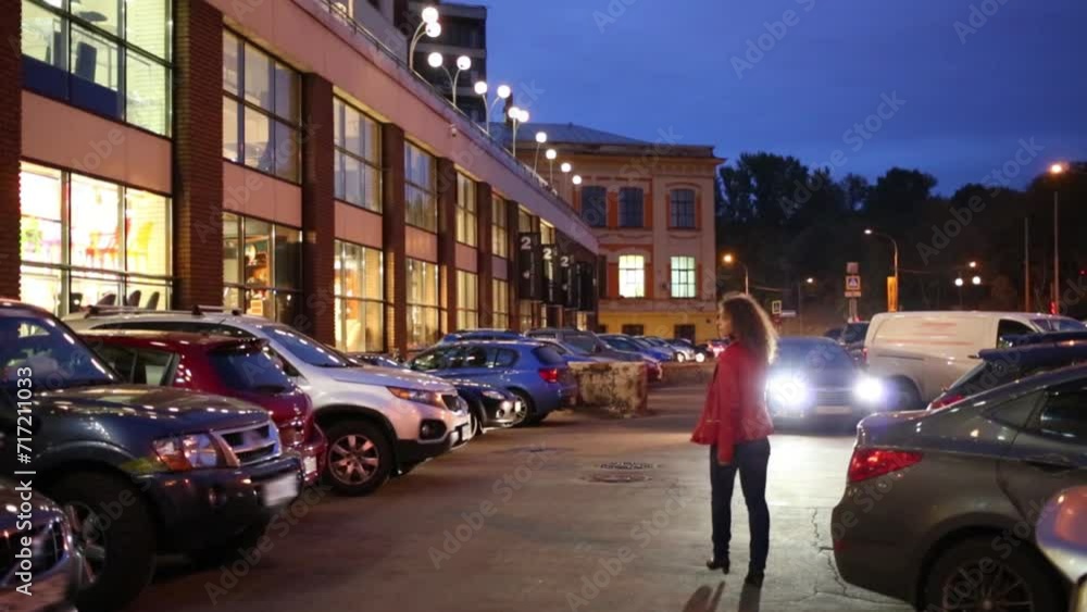 Back of woman going near parked cars near building at night Back of woman going near parked cars near building at night
