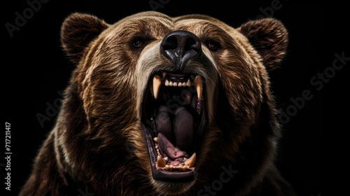 closeup on an alert brown bear showing its teeth isolated on black background