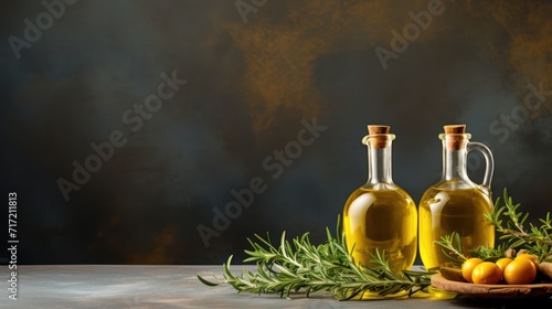 golden olive oil and vinegar bottles with thyme and aromatic herbs leaves, Italian Mediterranean food menu commercial setup as studio shot wide banner poster with copyspace area photo