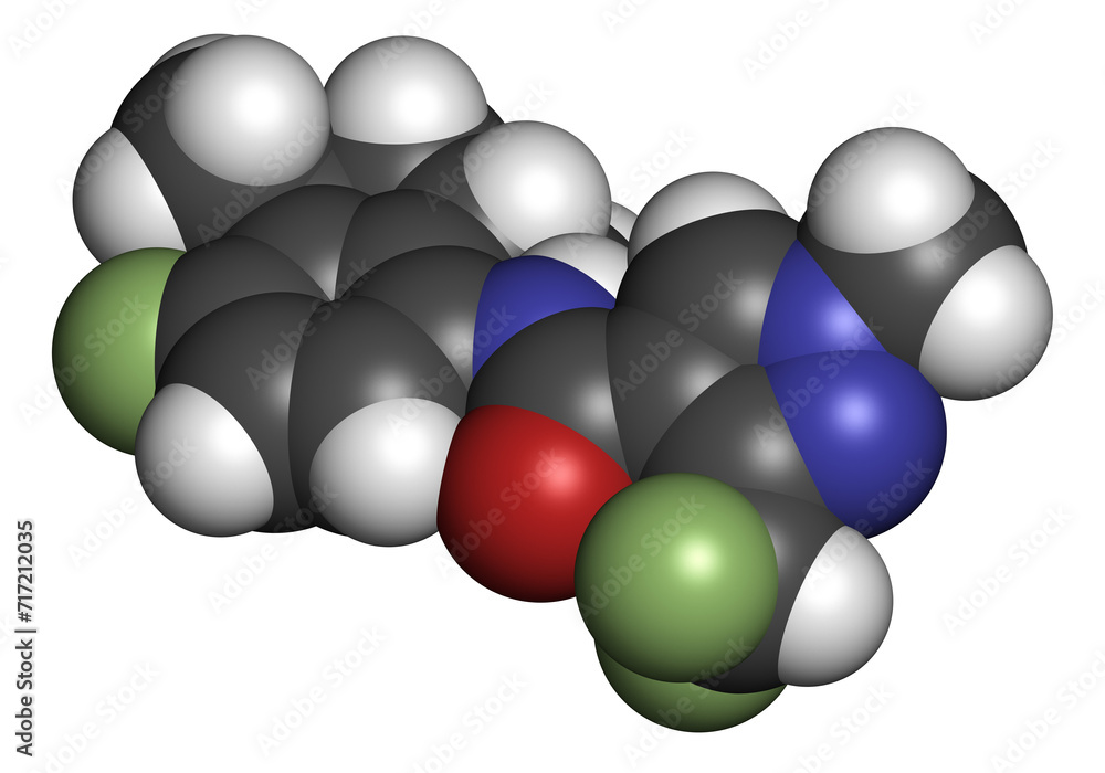 Fluindapyr fungicide molecule. 3D rendering. Fluindapyr fungicide molecule. 3D rendering.