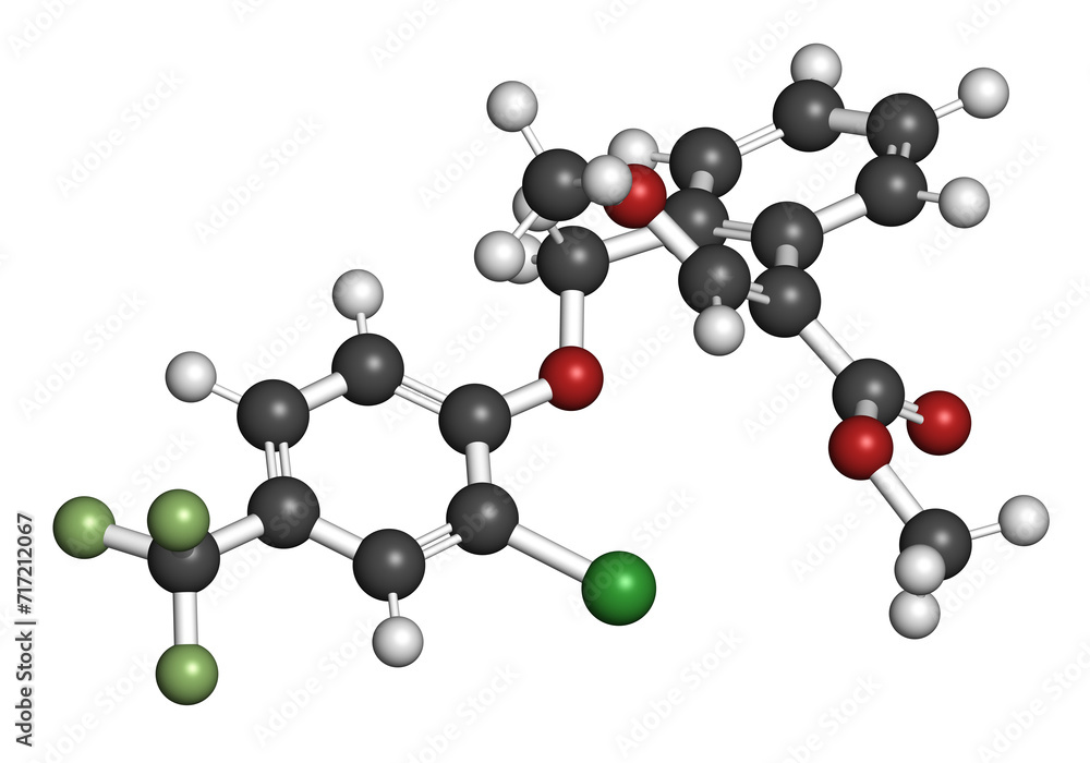 Flufenoxystrobin fungicide molecule. 3D rendering. Flufenoxystrobin fungicide molecule. 3D rendering.