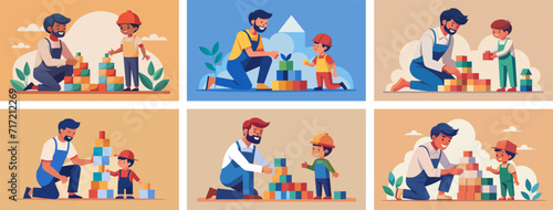 Vector illustration of father and son building blocks together  family bonding time