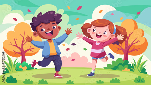 Joyful children playing outdoors in autumn vector illustration
