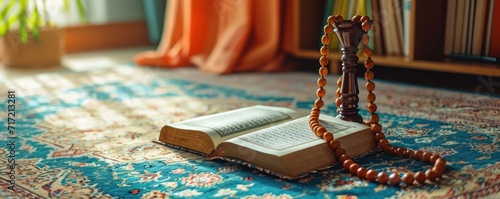 Rehal with open Quran and Muslim prayer beads on rug indoors. Space for text photo