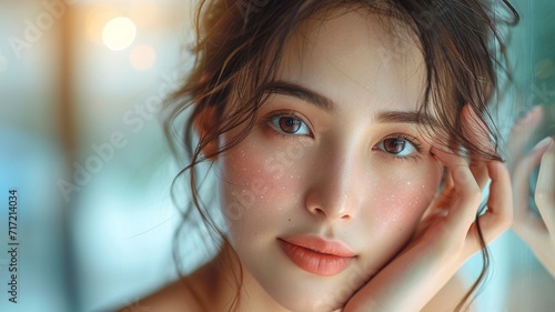 Dermatology, expression face worry asian young woman looking mirror hand touch facial.generative ai