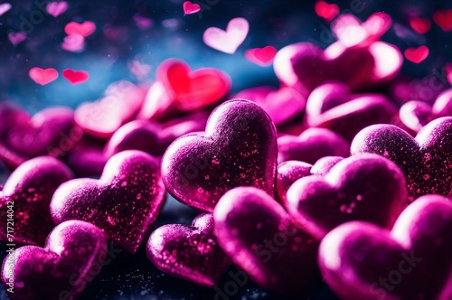Valentine’s Day postcard heart-shaped objects sparkling pink purple hues against dark background with bokeh effect highlighting glittery texture creating magical dreamy ambiance