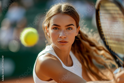 Female Tennis Player, Ball Serve with Racket on the Clay Court, Determination and Concentration in the Match, Equality in Sports on Women's Day © Simn