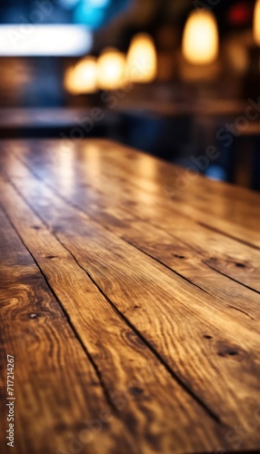 Wooden board empty table top on of blurred background.
