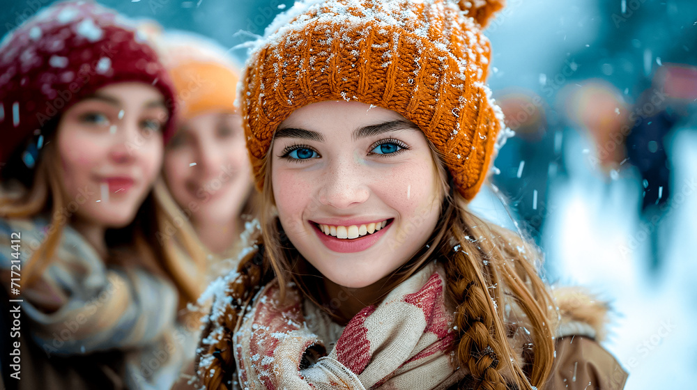 Portrait group of young women in winter clothes covered in snow outside
Portrait group of young women in winter clothes covered in snow outside