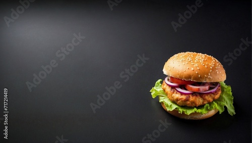 Top view of chicken burger on blank black background, copy space, available for chicken burger advertisement