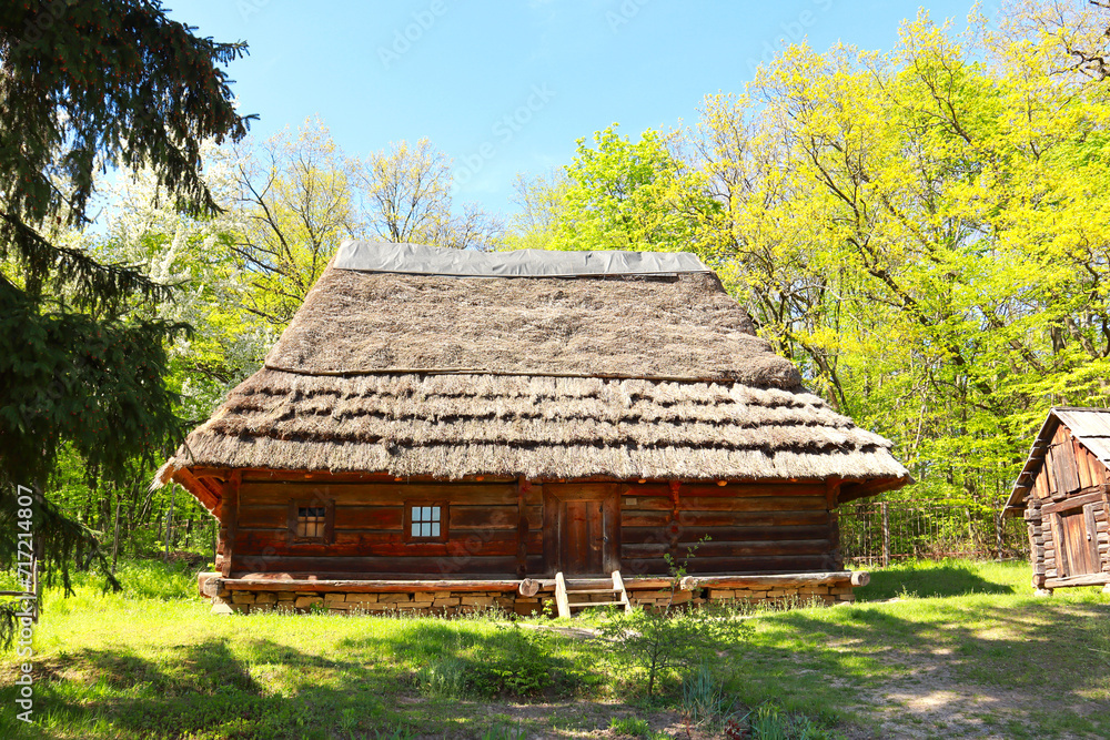 Traditional Ukrainian houses from a village in the Transcarpathian region in Pirogovo in Kyiv, Ukraine