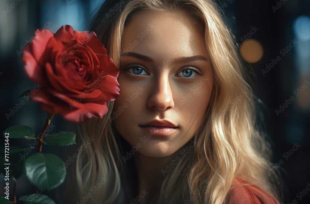 Beautiful girl blonde hair. Fashionable and originally lady with red flower. Generate AI