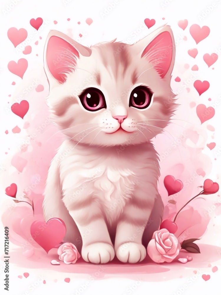 Cute Happy Valentines Day holiday art, greeting card design with a kawaii cartoon cat in love with heart, hearts backgroung. Cute valentine cat in love with valentines hearts design Cute Happy Valentines Day holiday art, greeting card design with a kawaii cartoon cat in love with heart, hearts backgroung. Cute valentine cat in love with valentines hearts design
