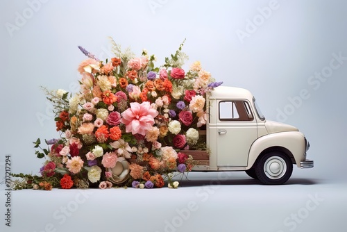 White retro truck car with trunk full of beautiful colorful different spring flowers. Moving to the right. Light blue background. Romantic flower delivery for Valentine day February 14
