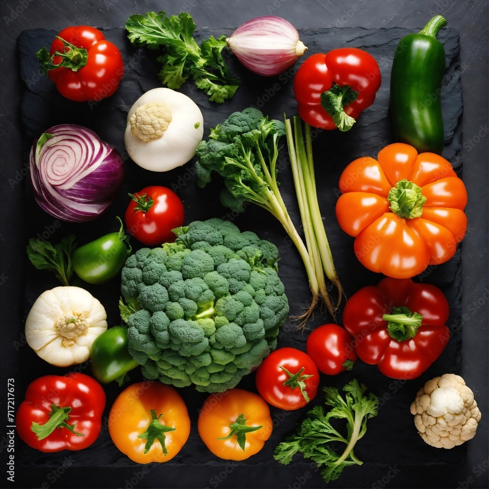 Vegetables set to the left of a black slate