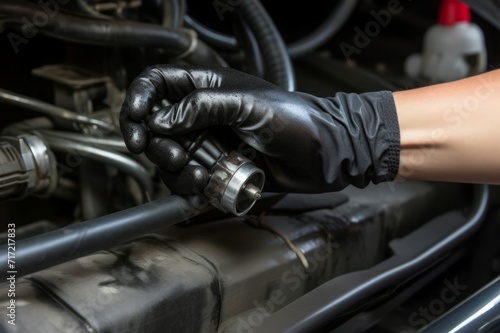 Hand glove cleaning car. Professional worker repair complicate motor. Generate AI