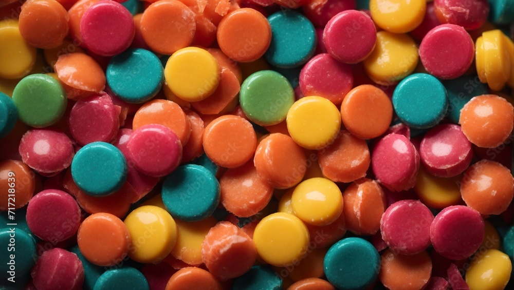 Vividly colored candies overhead shot. A pile of rounded cutout sweets of various colors.