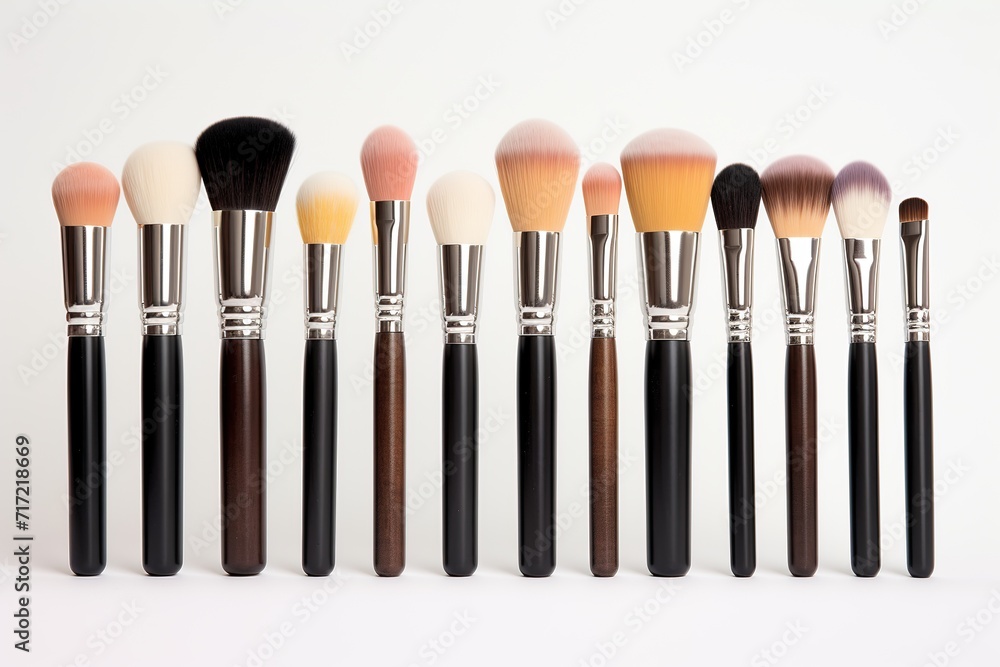 Makeup brushes in a row isolated on a white background. Studio shot, Ai Generated Makeup brushes in a row isolated on a white background. Studio shot, Ai Generated