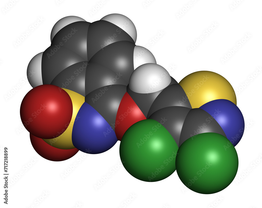 Dichlobentiazox fungicide molecule. 3D rendering. Dichlobentiazox fungicide molecule. 3D rendering.
