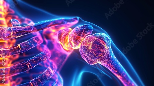 Obraz na płótnie Shoulder joint inflammation, on a blue background,generative ai