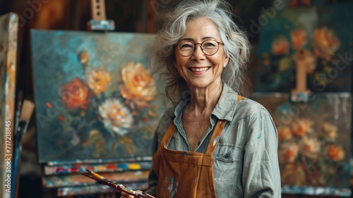 Senior lady artist enjoying painting activity in studio, generative ai