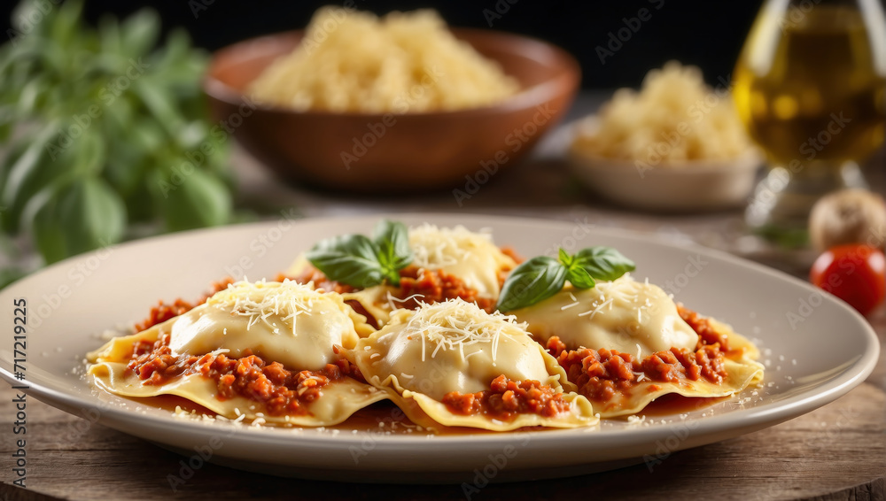 Ravioli with bolognese sauce and Parmesan cheese on a plate on a wooden table Ravioli with bolognese sauce and Parmesan cheese on a plate on a wooden table