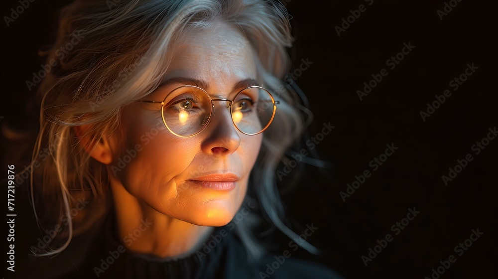 Serene woman gazing with light reflection on glasses. captivating portrait bathed in warm glow. AI Serene woman gazing with light reflection on glasses. captivating portrait bathed in warm glow. AI