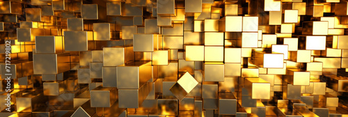 Abstract pattern of golden blocks, metal shiny cubes texture background. Panoramic banner with gold shapes and light. Concept of business, luxury design, technology, building
