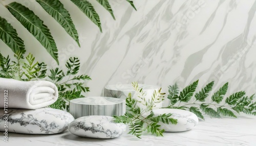 White marble podium showing a pedestal leaf. white marble cylinder Circular pedestal with green leaves for new products. The focus is on body care, beauty treatment, and wellness, SPA and beauty salon